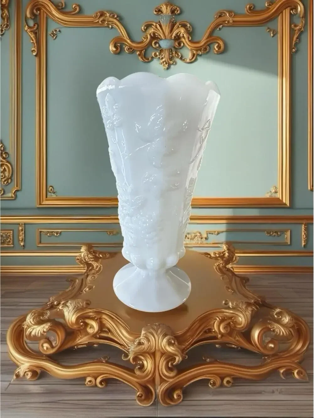 Vtg Pedestal Scalloped Edge Milk Glass Paneled Vase Grapes Motif, 10” Tall